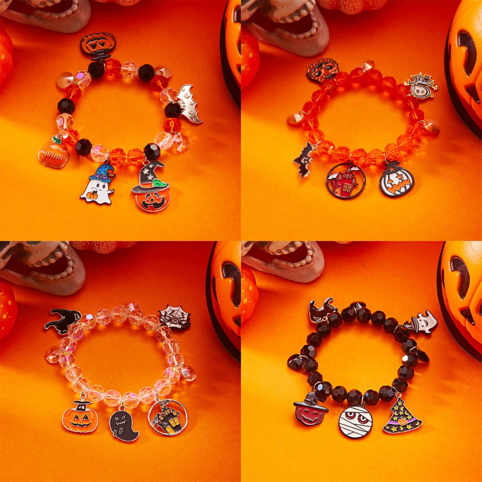 Wholesale Funny cartoon crystal bracelet pumpkin spider skull pendant beaded bracelet