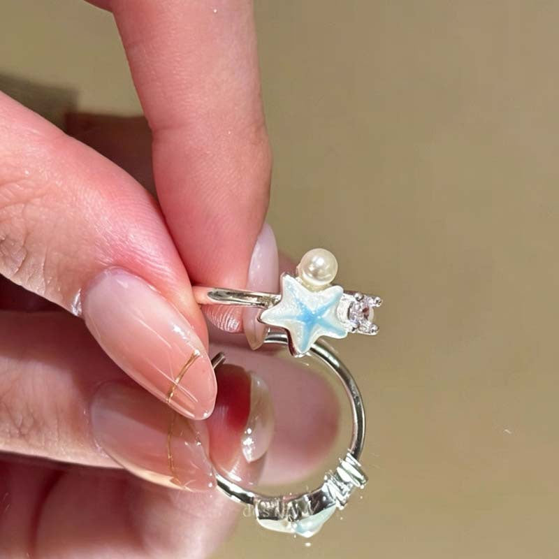 Wholesale Stylish Blue Starfish Shell Open Ring For Women Seaside Vacation Adjustable Size Zinc Alloy Jewelry Gift