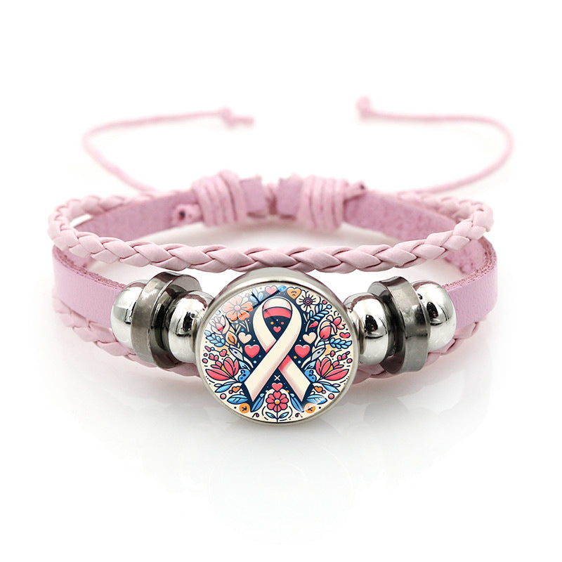 Wholesale Pink Ribbon Breast Consciousness Pink Leather Bracelet