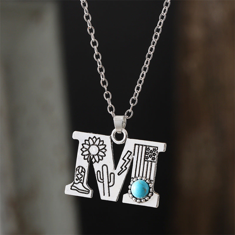 Wholesale  Retro 26 English Letter Turquoise Necklace Clavicle Chain