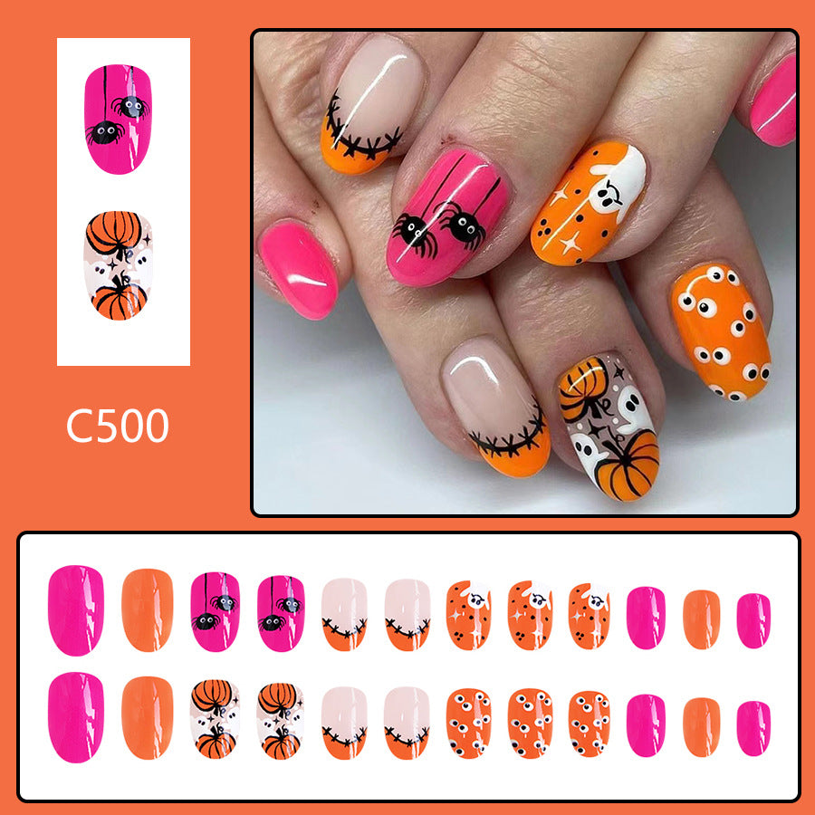 Wholesale 24 Pieces/box Halloween Pumpkin Orange Ghost Press-on Nails Kits Nail Stickers ACC-NS-GuaiXL078