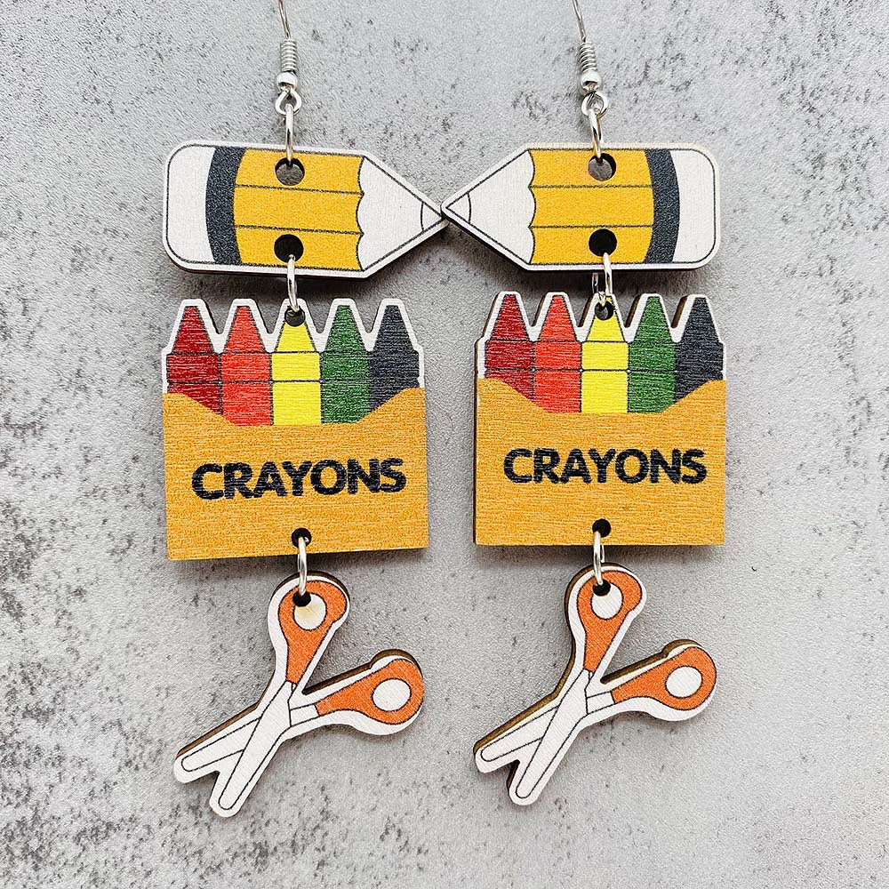 Wholesale Wooden Leopard-Print Pencil  Crayon  and Scissors Earrings