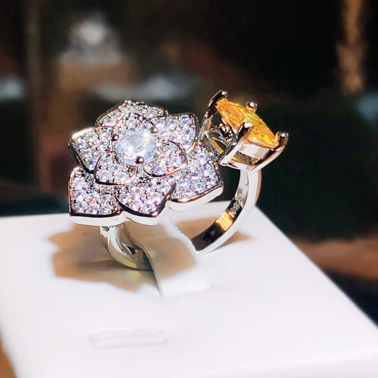 Wholesale  Golden zircon flower rose flower full diamond  ring