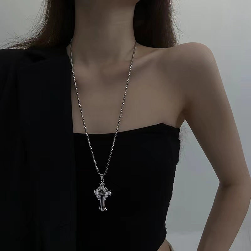 Wholesale Titanium Steel Retro Heart Cross Pendant Necklace Unisex Electroplated Ball Chain Trendy Jewelry Accessory For Resale