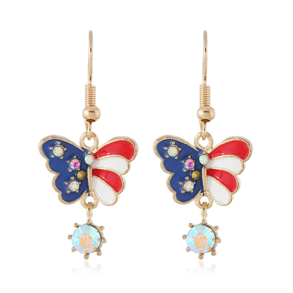 Wholesale American Independence Day Alloy Oil Drop Diamond Butterfly Earrings ACC-ES-MT004