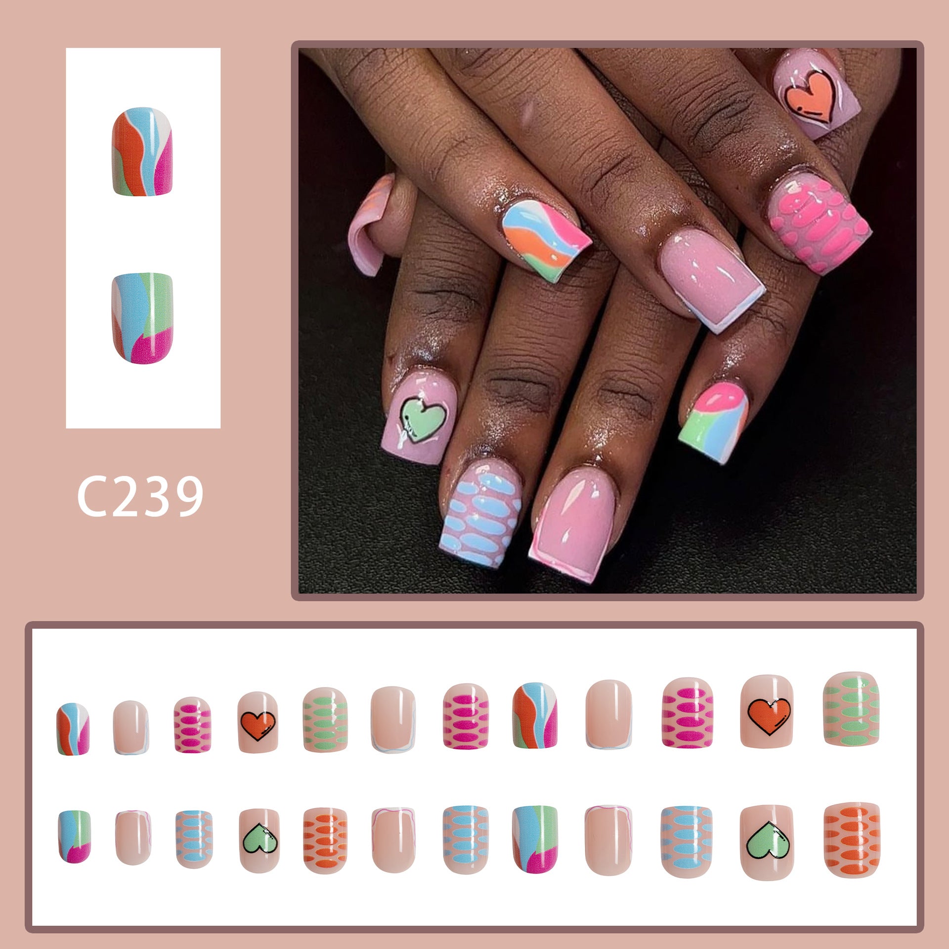 Wholesale 24 Pieces/box Nail Stickers Glossy Square Nails Striped Love Manicure Press-on Nails Kits ACC-NS-GuaiXL004