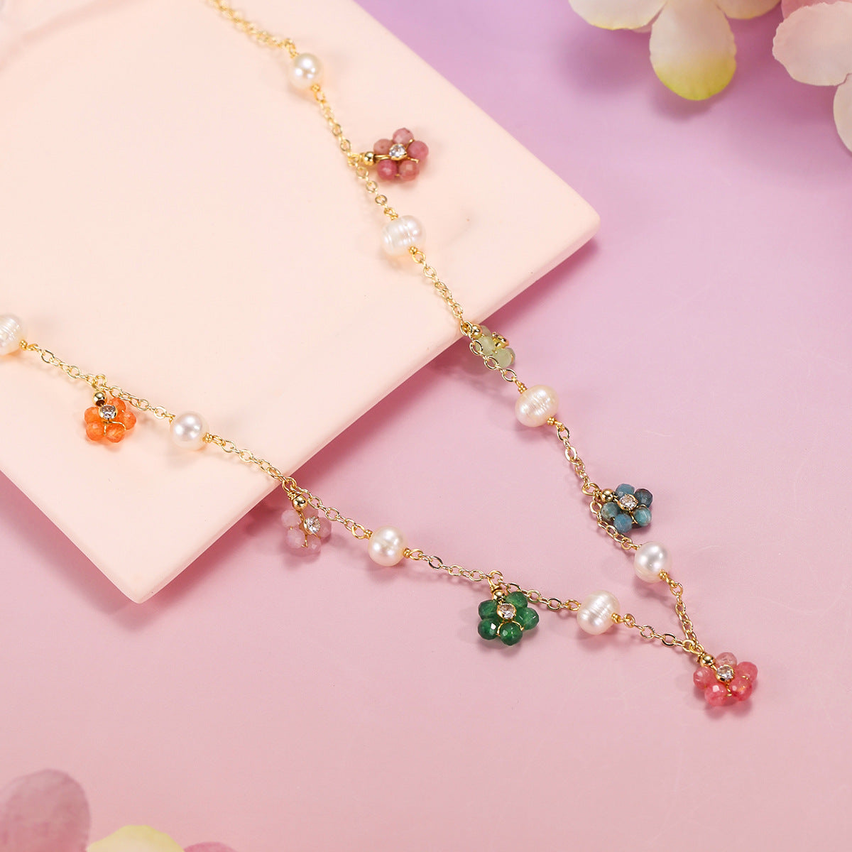 Wholesale Colorful Natural Stone Flower Daisy Necklace Bracelet Set