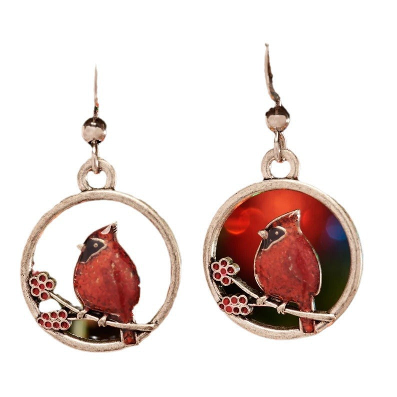 Wholesale Retro Red Bird Round Pendant Earrings,  Fashion Jewelry Accessory for Everyday or Party Wear