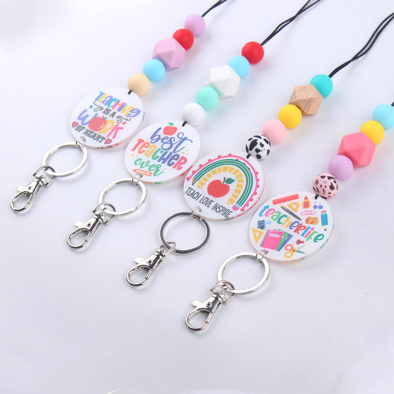 Wholesale Teacher Rainbow Necklace Pendant Cartoon Silicone Beaded Keychain Teacher's Day ACC-KC-GuangTian042