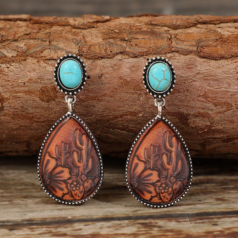 Wholesale  retro ethnic style drop-shaped brown turquoise alloy earrings