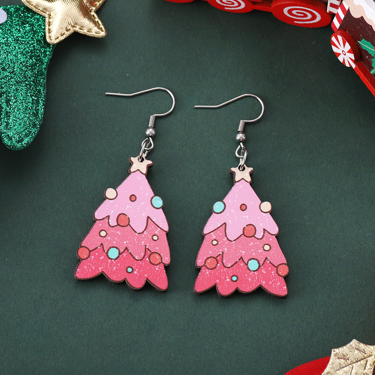 Wholesale Christmas Lantern Bow Pink Christmas Tree Pendant Earrings