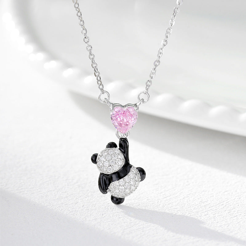 Wholesale  S925 Sterling Silver Panda Heart Pendant Necklace