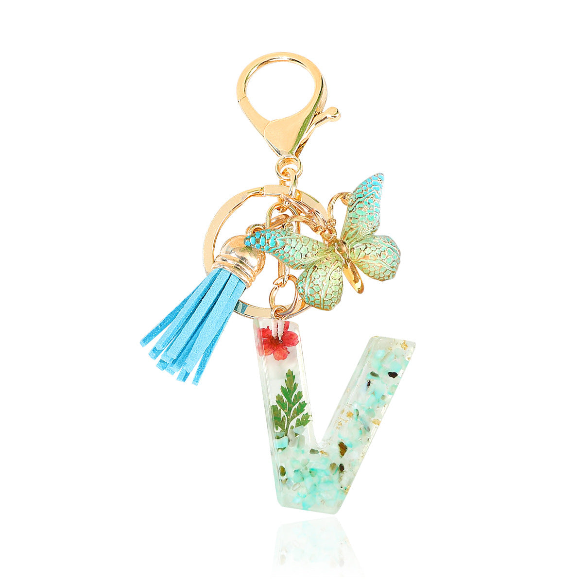 Wholesale Epoxy Green English Letter Dried Flower Crystal Keychain