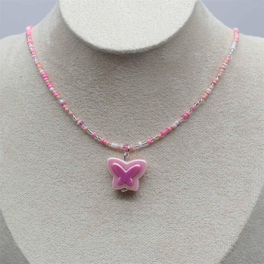 Wholesale Chic Gray Beaded Butterfly Pendant Collarbone Necklace Handmade Women S Fashion Jewelry Accessory For Resale