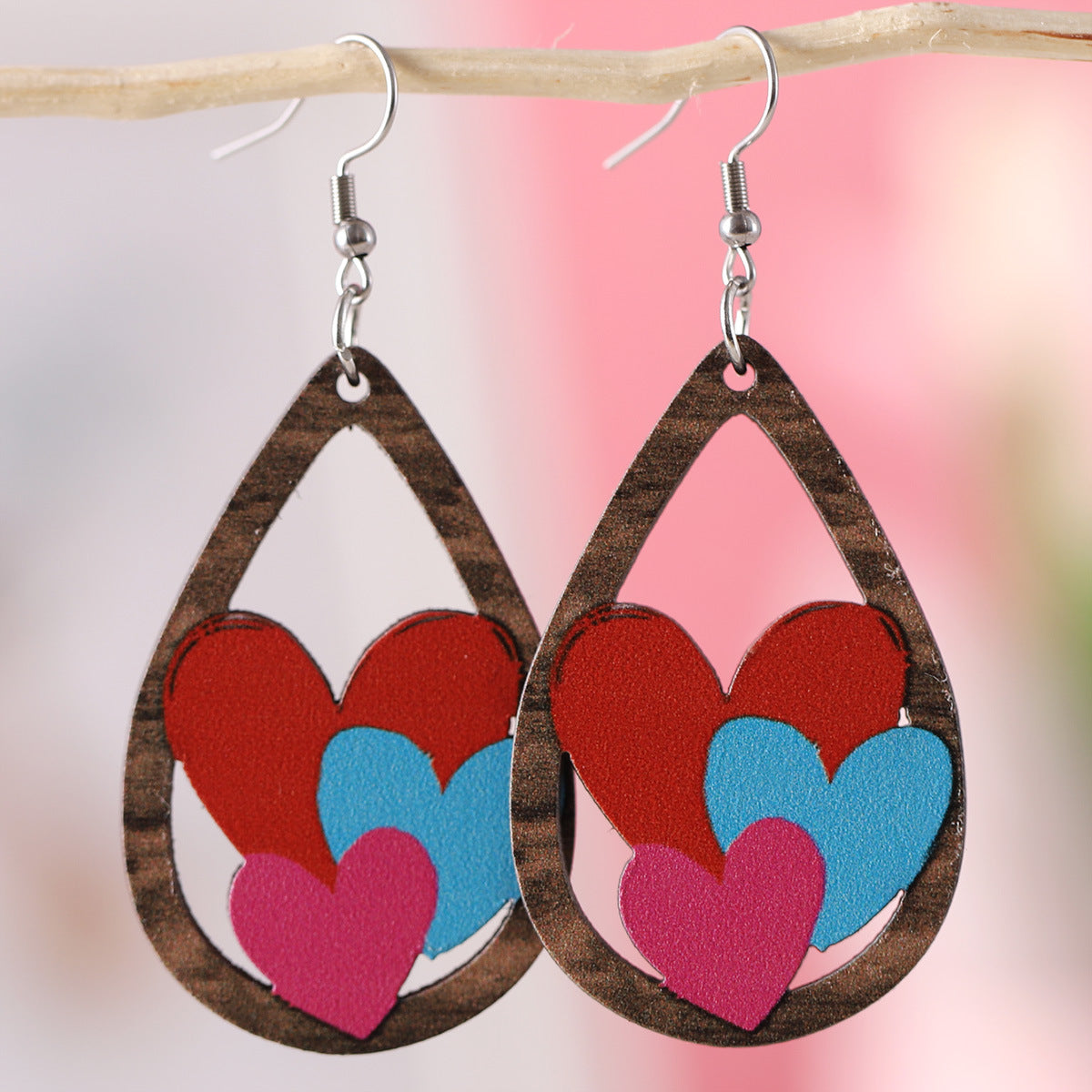 Wholesale water drop lovely double-sided wooden Valentine's Day earrings