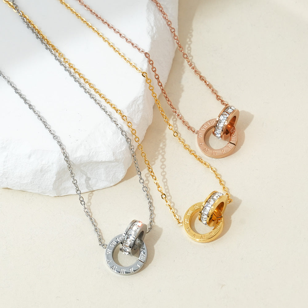 Wholesale Titanium steel double-ring diamond-set Roman numeral necklace