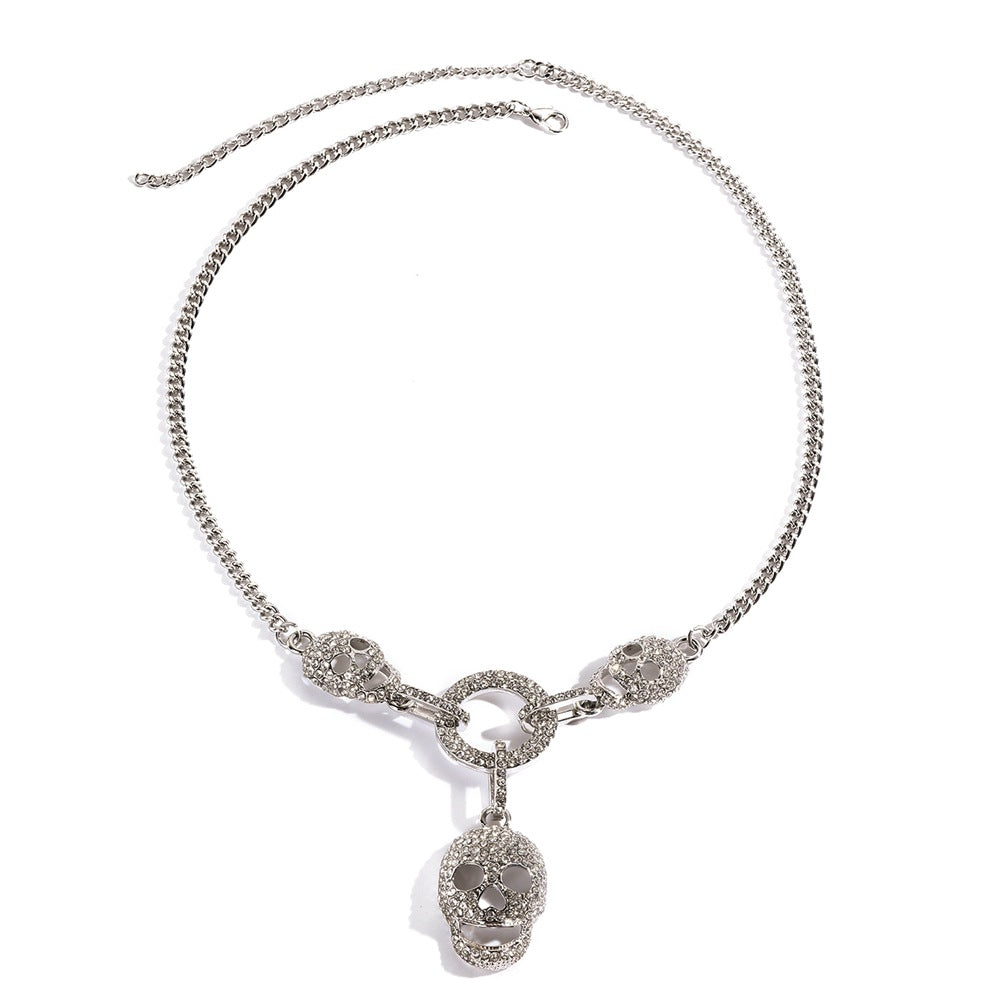Wholesale Rhinestone Skull Necklace for Women,  Silver Alloy,  Multi-Layer Water Wave Chain,  Fashion Jewelry Accessory for Boutique Resale