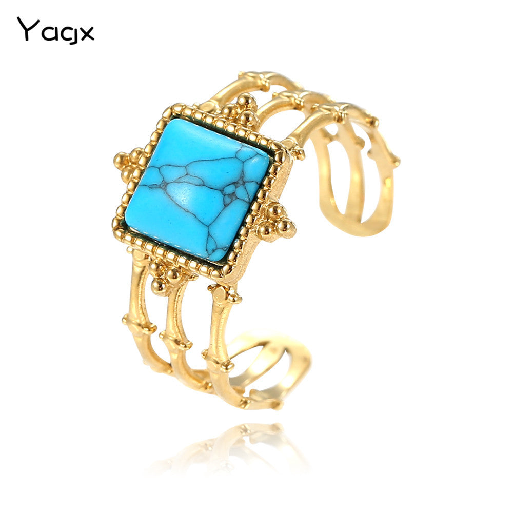 Wholesale Gold Plated Turquoise Bamboo Stainless Steel Open Ring ACC-RS-MiYi008