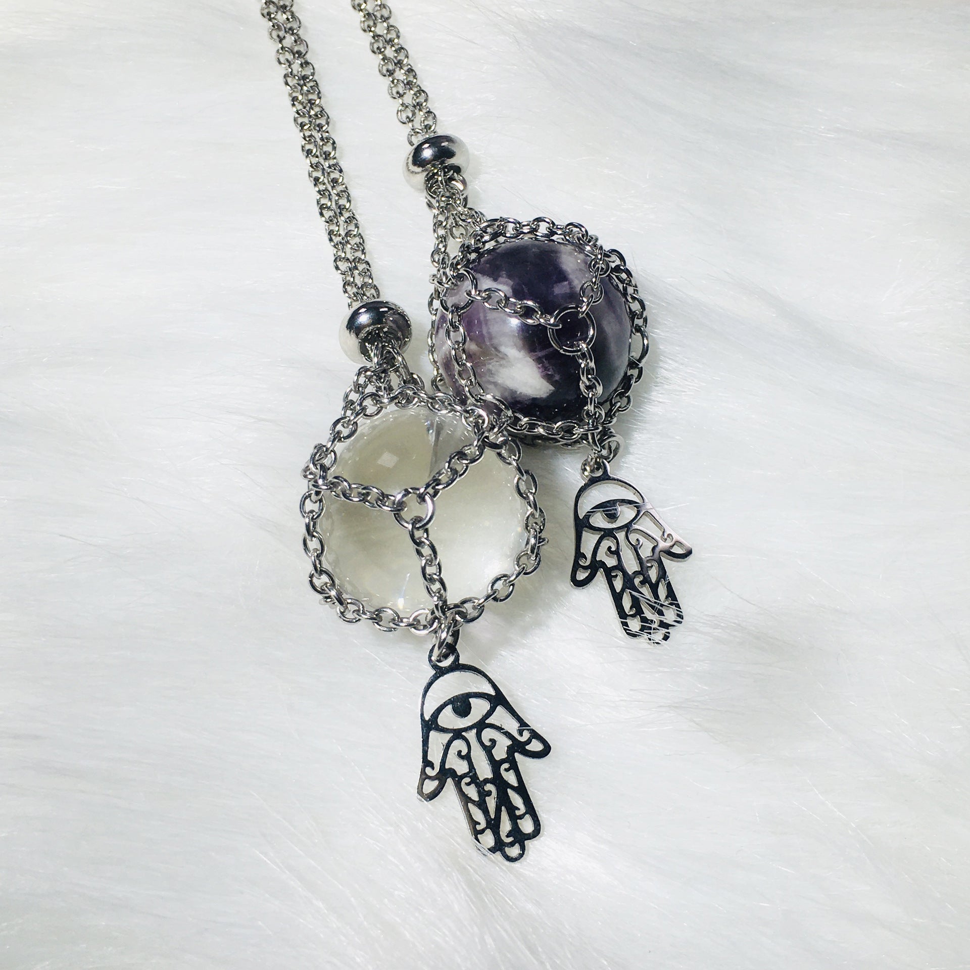 Wholesale Fatima Palm Replaceable Crystal Natural Stone Adjustable Metal Mesh Pocket Necklace ACC-NE-RongGuan004