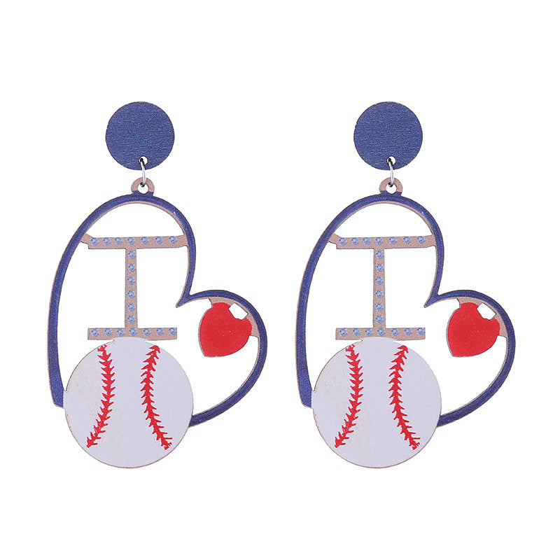 Wholesale Sports Style Baseball Heart Wooden Earrings