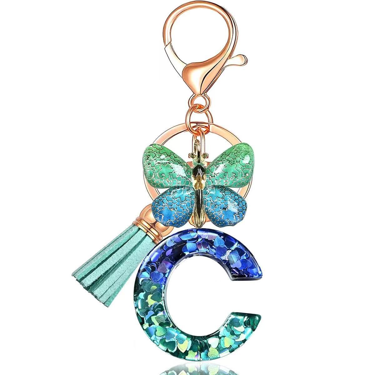 Wholesale Resin Alphabet Keychain With Butterfly Tassel Blue Gradient Vacation Style Fashion Accessory For Bags And Keys