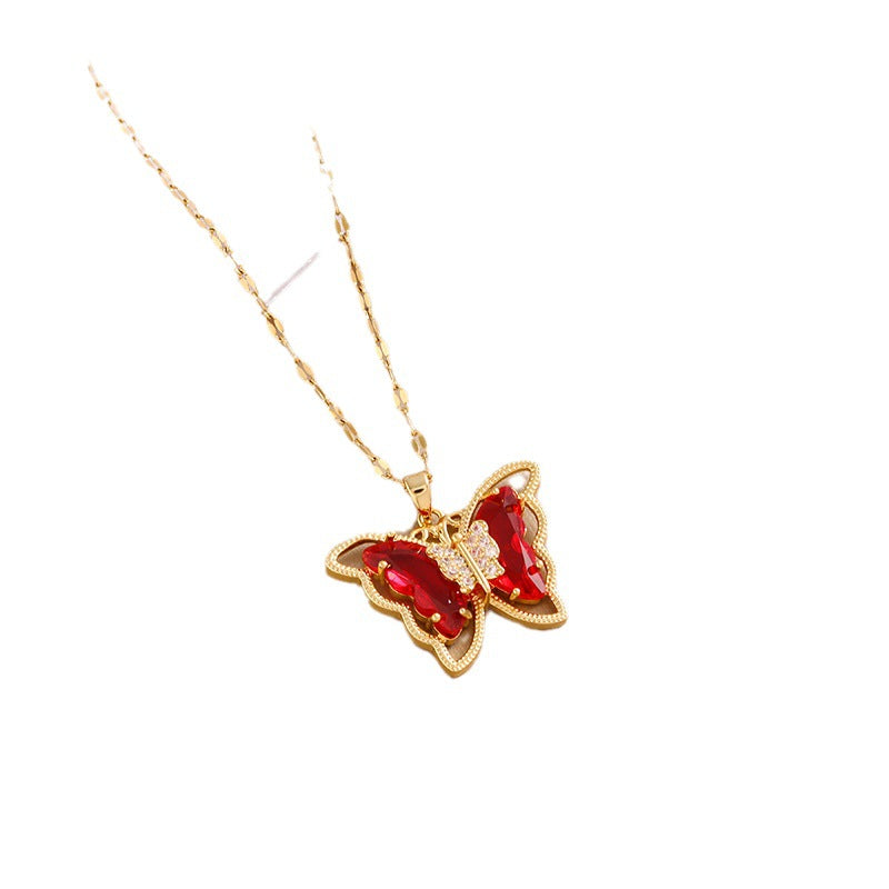 Wholesale Gold Plated Necklace Micro-Inlaid Colored Crystal Butterfly Necklace Titanium Steel Necklace ACC-NE-Nayin004