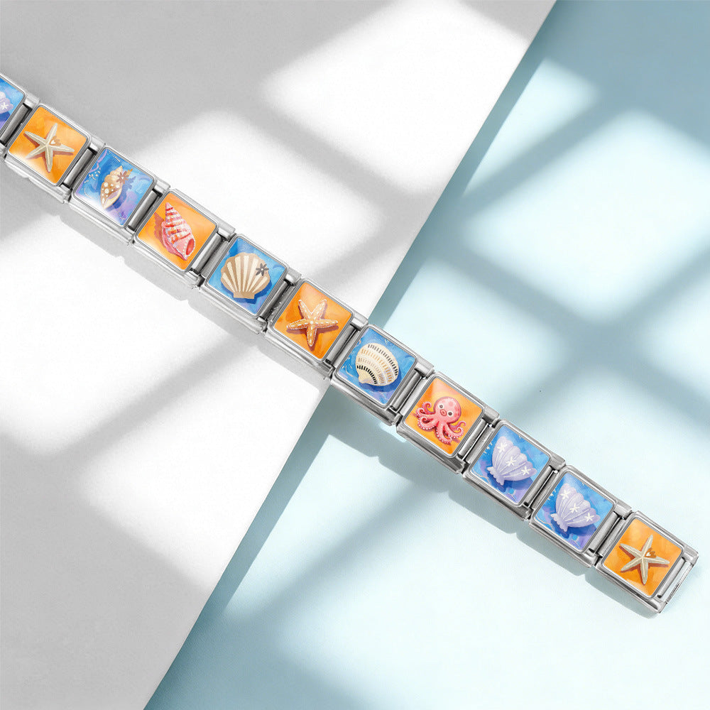 Wholesale Summer Beach Shell Square Painting Pattern Stainless Steel Bracelet DIY Fashion Accessory