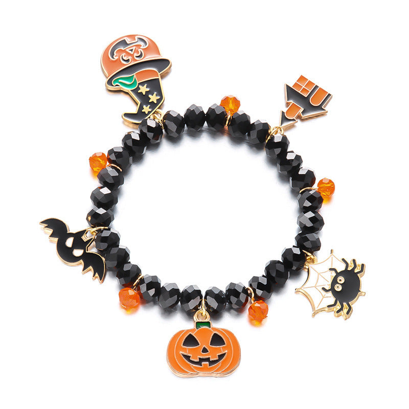 Wholesale  Ghost Pumpkin Lantern Bracelet Cartoon Bat Alloy Pendant Crystal Beaded Women' s Fashion Accessory