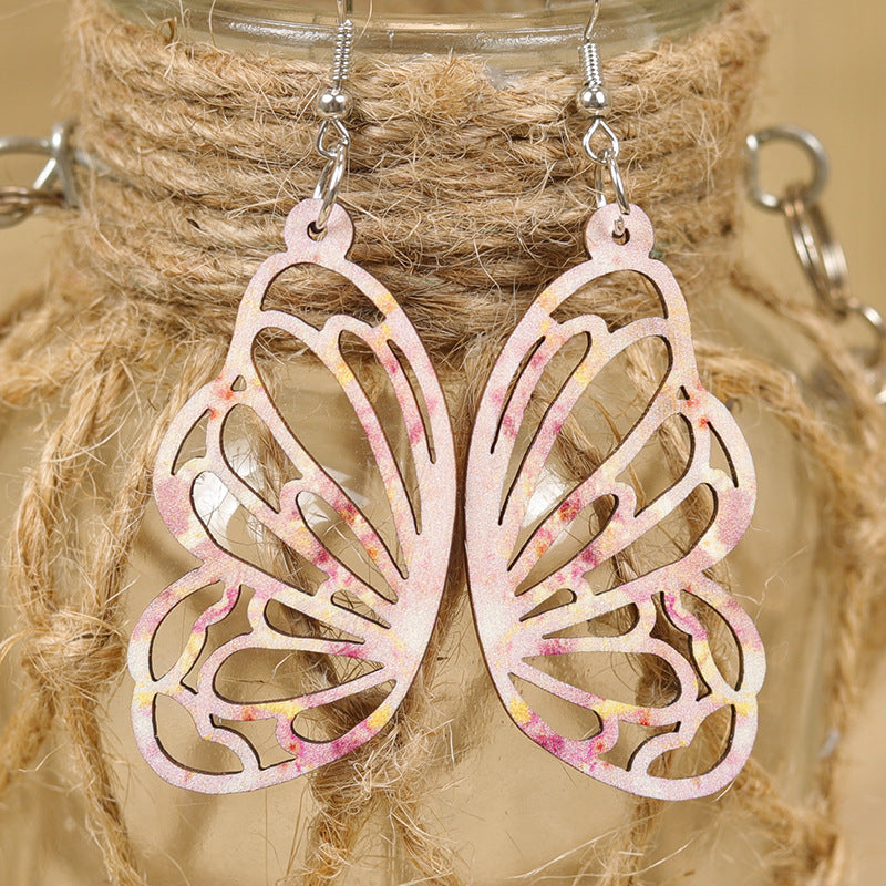 Wholesale Symmetrical Exquisite Butterfly Wings Hollow Tie-Dye Gradient  Wooden Earrings