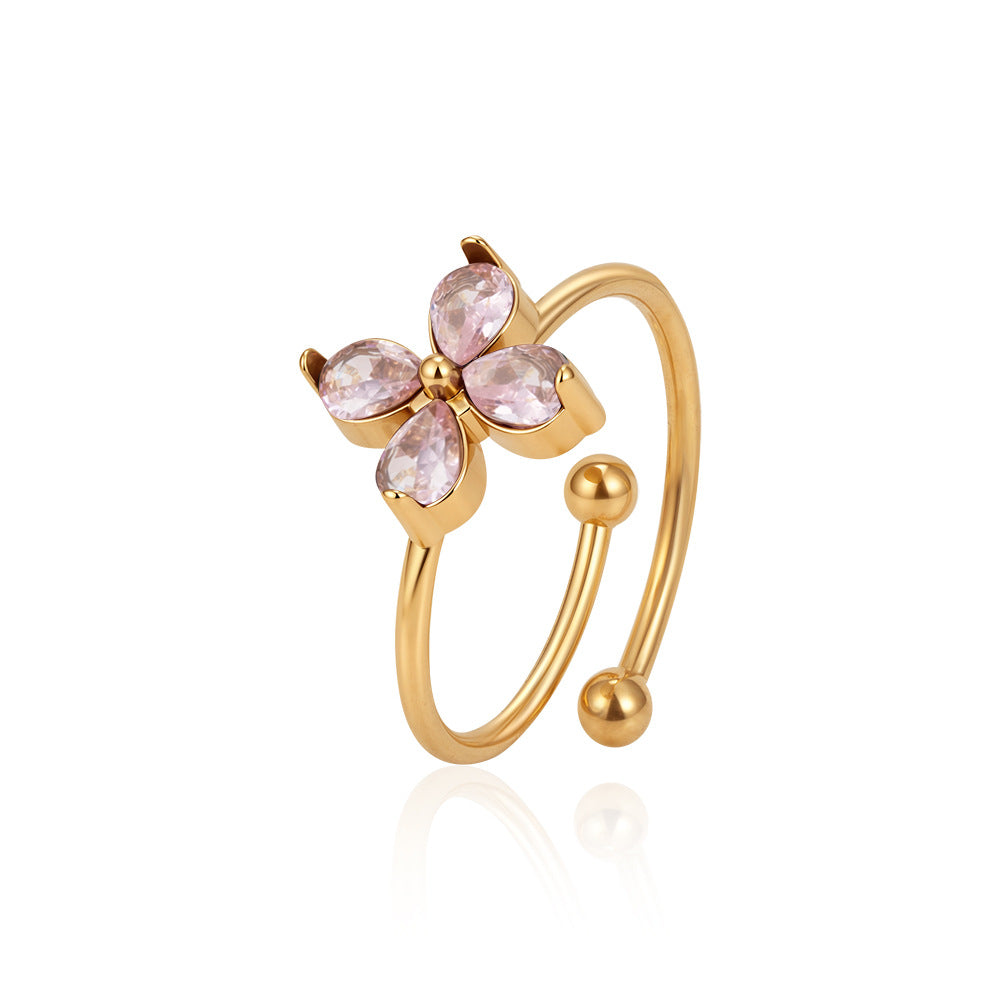 Wholesale Modern Flower Zircon Stainless Steel Adjustable Open Ring Boutique Resale Jewelry