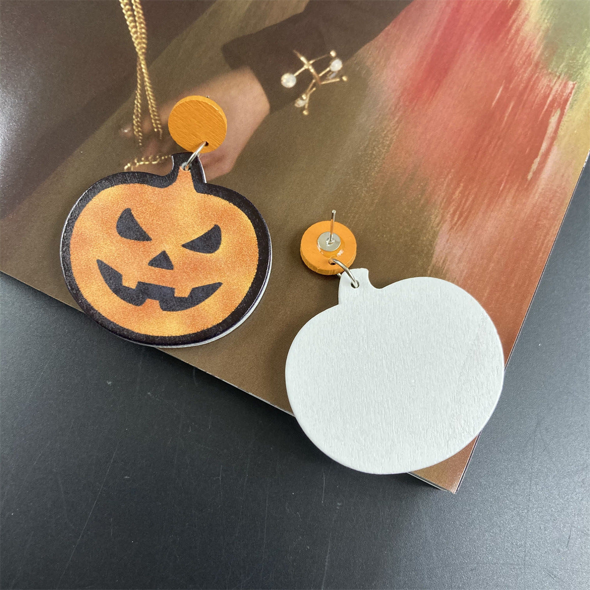 Wholesale Halloween Pumpkin Skull Wood Earrings ACC-ES-FX070