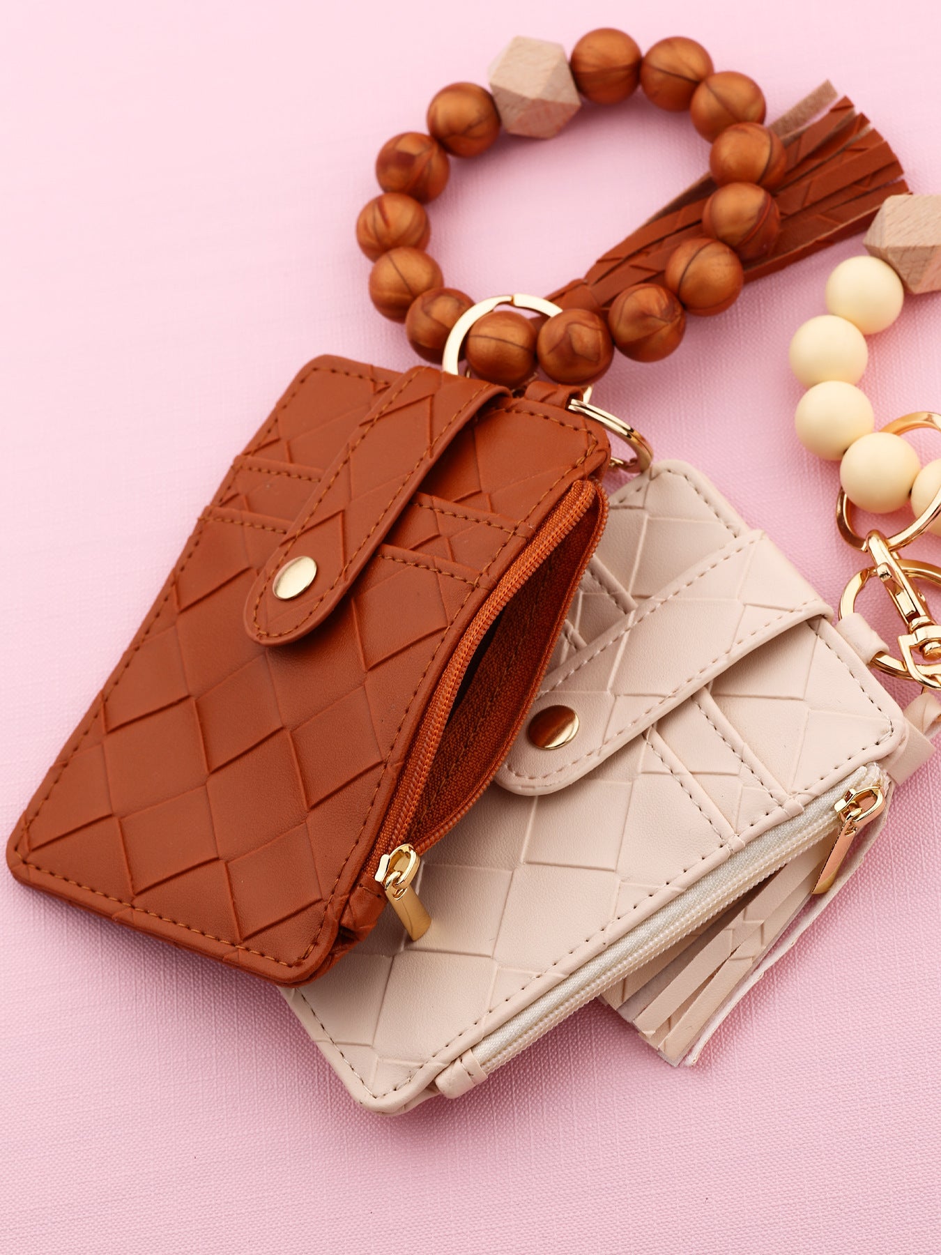 Wholesale Silicone Bead Bracelet Plaid Card Bag PU Leather Wristlet Keychain