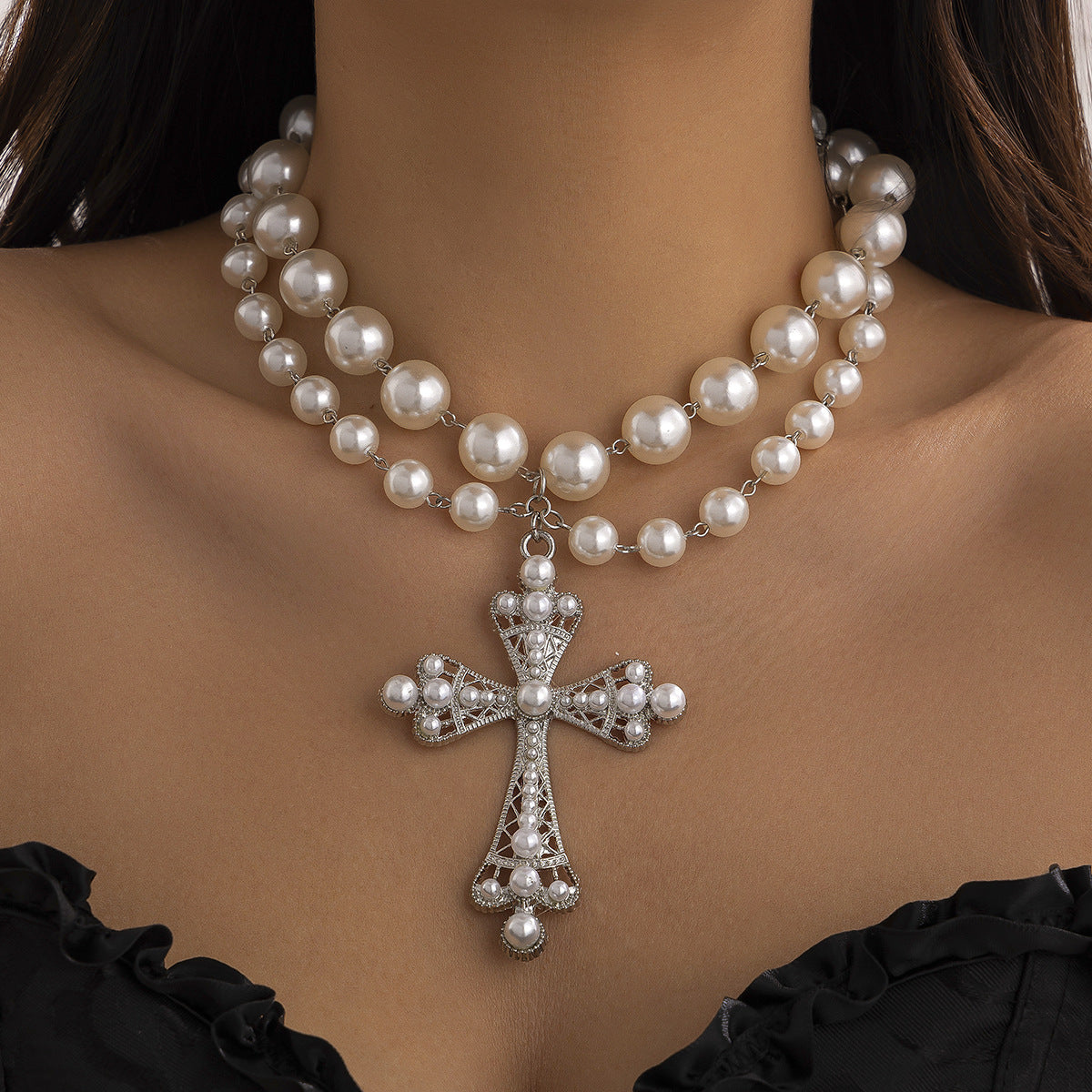Wholesale Cyberpunk Cross Pearl  Necklace