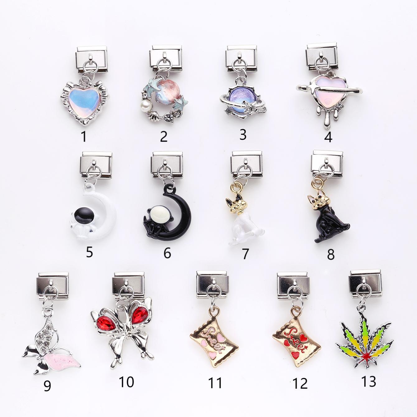 Wholesale 10pcs Love Butterfly Cat Pendant Italian Module DIY Stainless Steel Bracelet Accessories