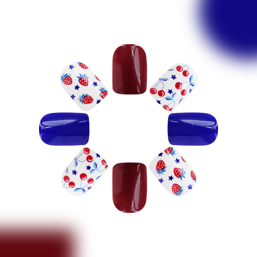 Wholesale 24 Pieces/box American Independence Day Short Red and Blue Color Cherry Manicure Press-on Nails Kits Nail Stickers ACC-NS-GuaiXL038