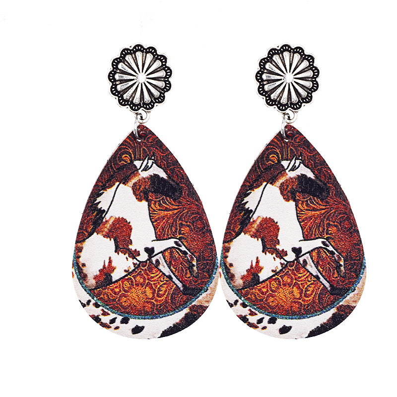 Wholesale Western Denim distressed style sunflower leopard leather earrings