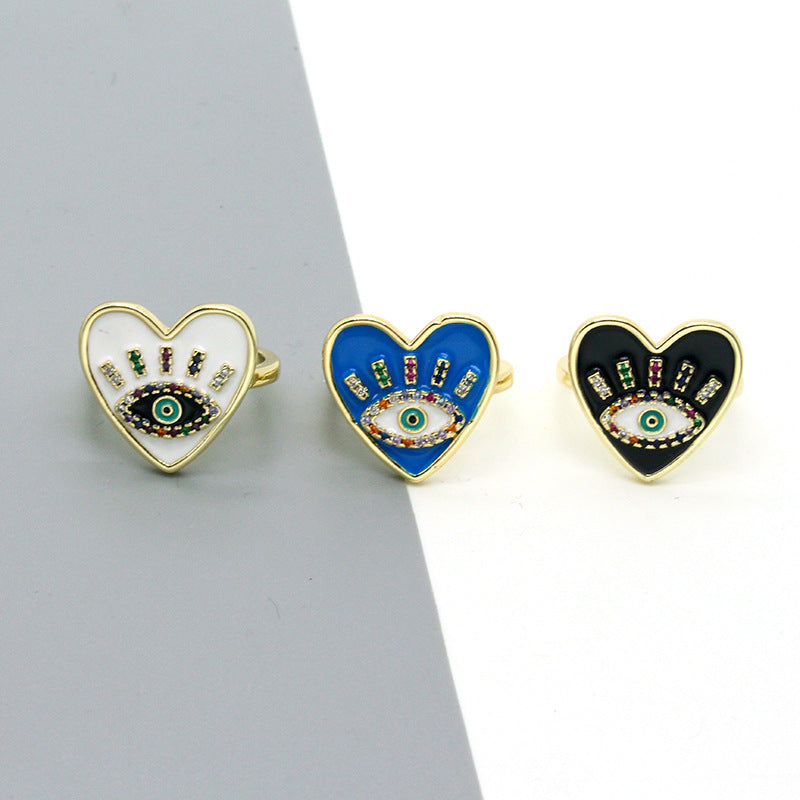 Wholesale Trendy Evil Eye Heart Rhinestone Open Ring Drip Oil Finish Party Jewelry Accessory