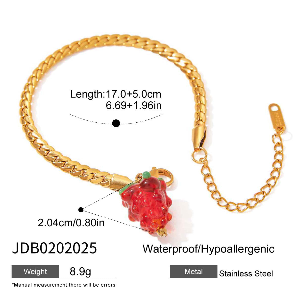 Wholesale  18K Gold Stainless Steel Encrypted Flat Chain Red Glazed Grape Bracelet