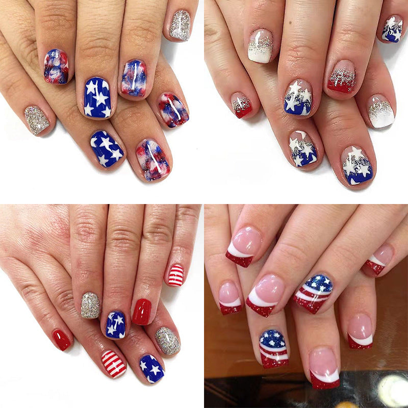 Wholesale 96 Pieces/4 Boxes American Independence Day Short Glitter Five-pointed Star Manicure Press-on Nails Kits Nail Stickers ACC-NS-GuaiXL039