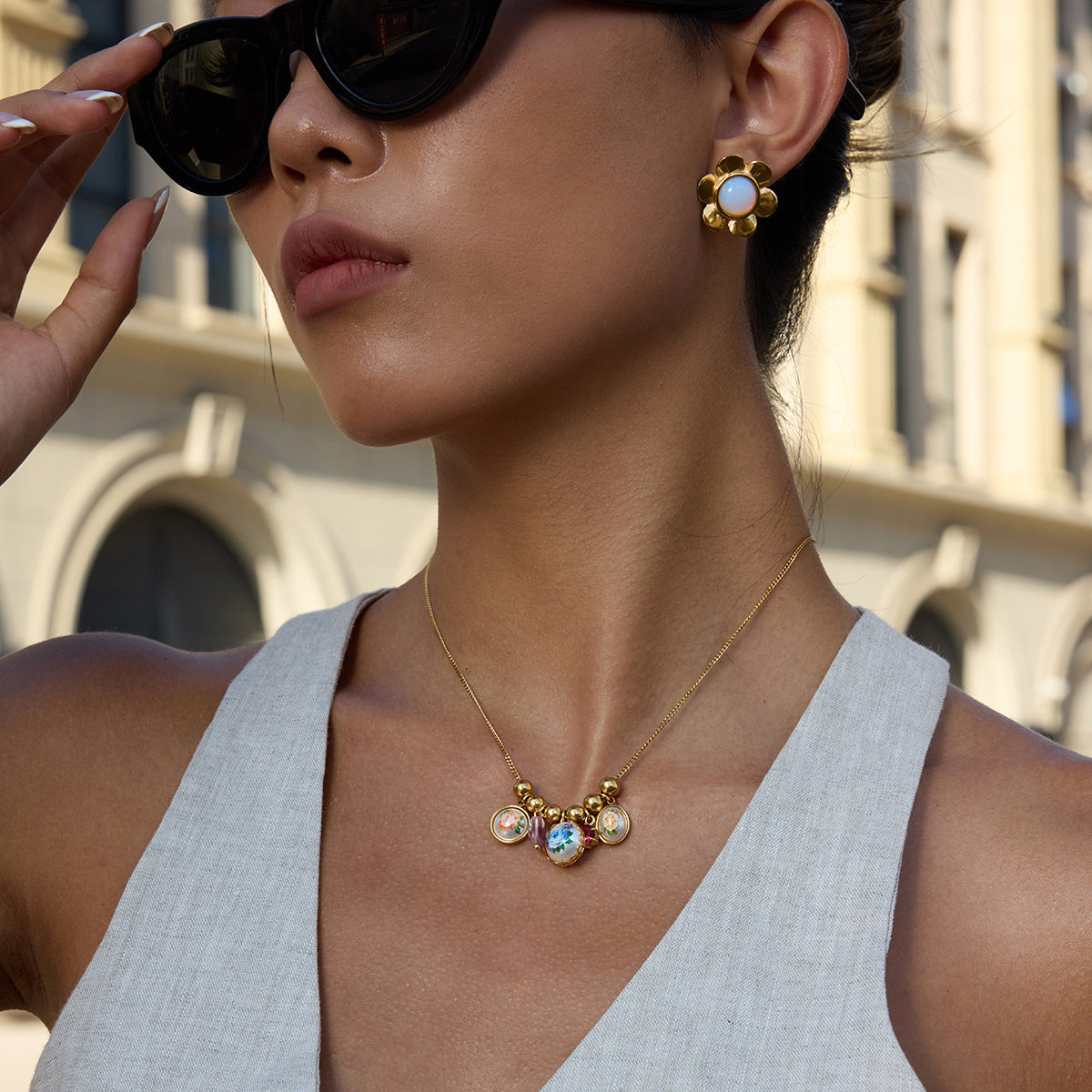 Wholesale Stainless steel sunflower and pearl printed necklace