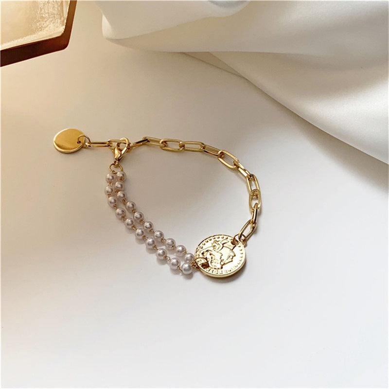 Wholesale Asymmetric Round Coin Head Pendant Pearl Bracelet ACC-BT-zhiyu011