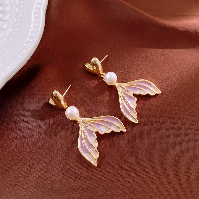 Wholesale Vintage Oil Dropping Fish Tail Love Pearl 925 Silver Earrings