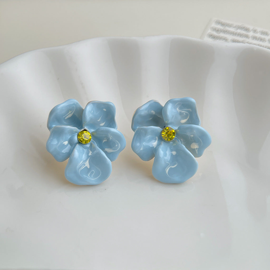 Wholesale Copper Blue Enamel Drip-Glazed Flower Earrings,  Fresh Floral Pearl Studs,  Fashion Accessory