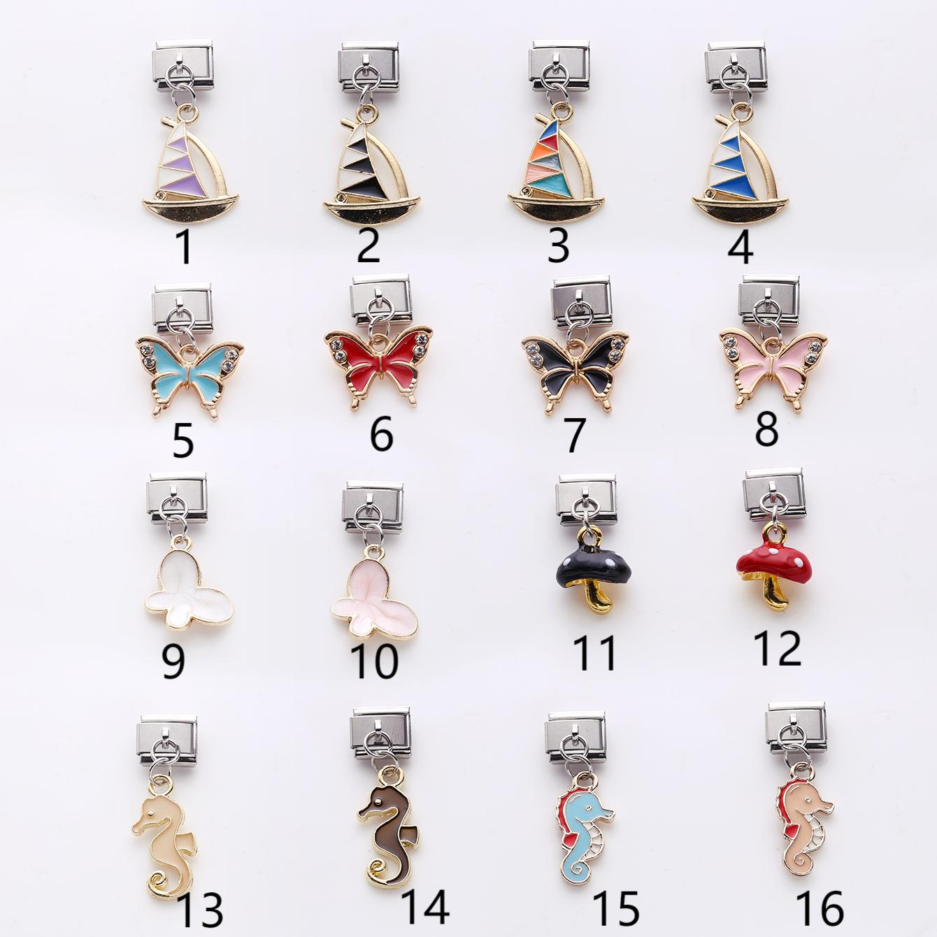Wholesale 10pcs Italian Charm Bracelet 9mm DIY Splicing Butterfly Sailboat Seahorse Stainless Steel Composable Bracelet