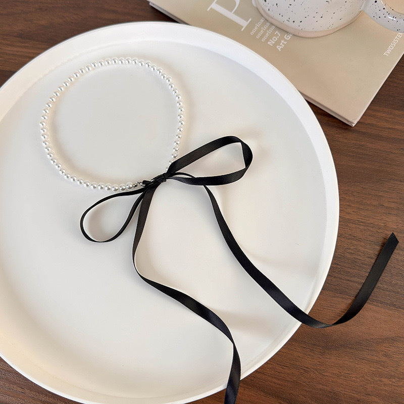 Wholesale Black Bow Tie-up Pearl Necklace Clavicle Chain Necklace