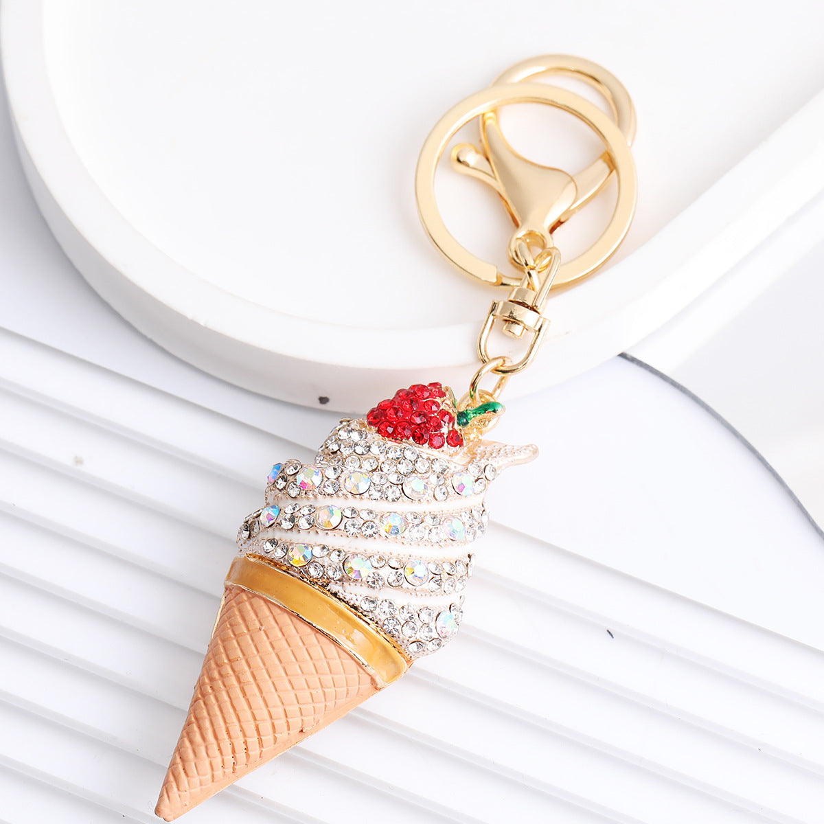 Wholesale Trendy Rhinestone Strawberry Ice Cream Keychain Cute Cartoon Bag Charm Car Accessory Gift
