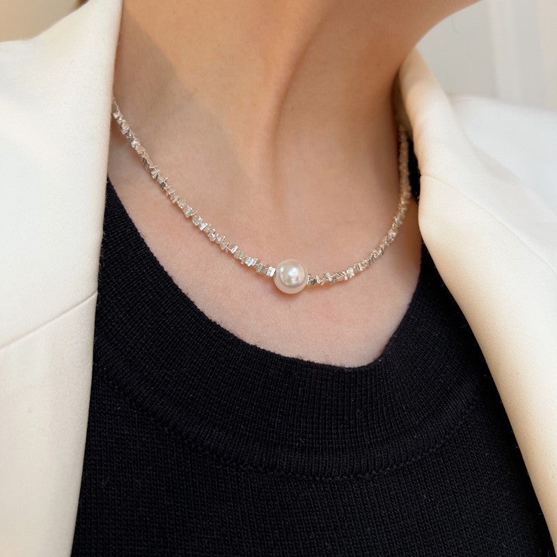 Wholesale fine glitter geometric silver pearl necklace