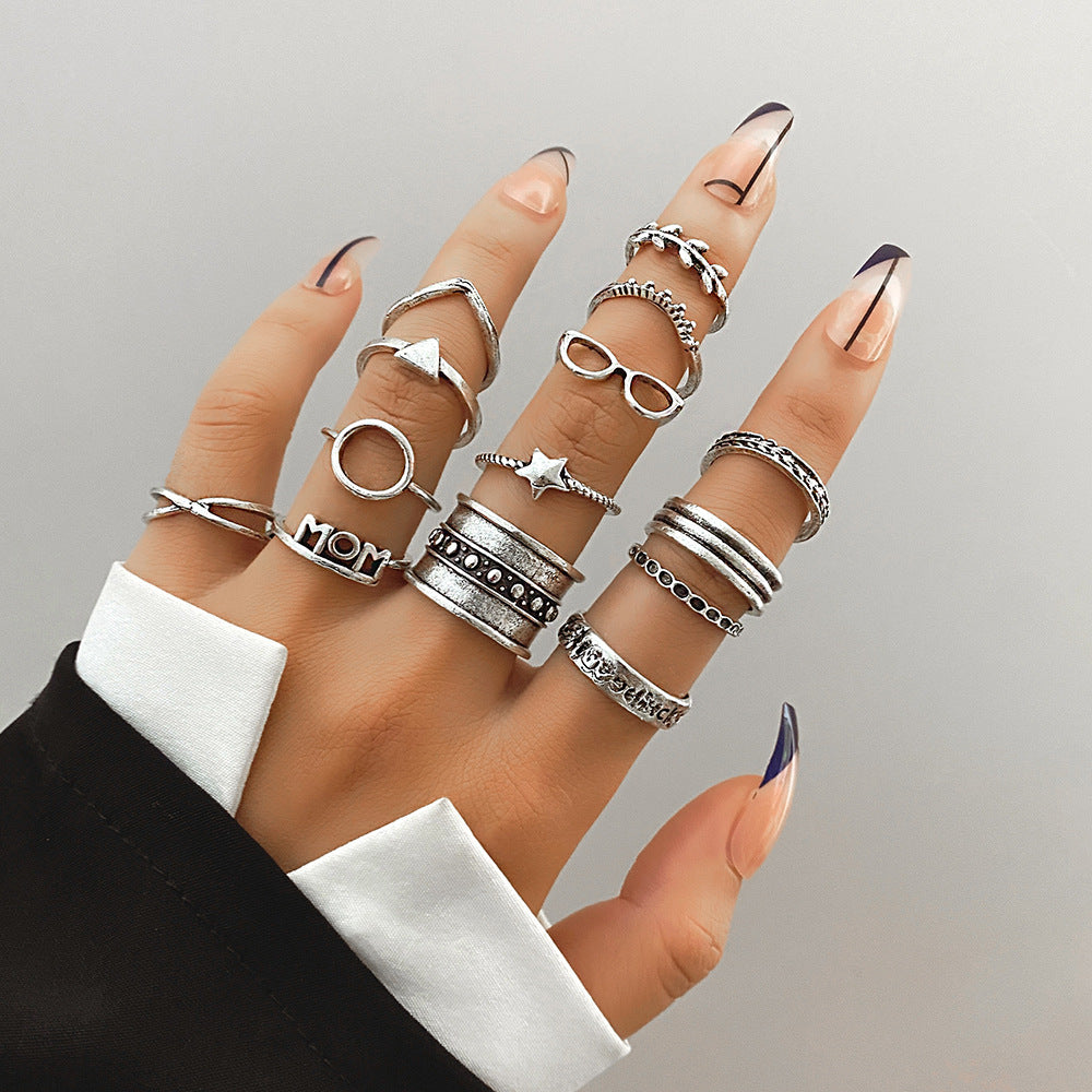 Wholesale 12 PCS/Set Star Moon Letter Leaf Arrow Old Joint Ring Knot Knot Ring