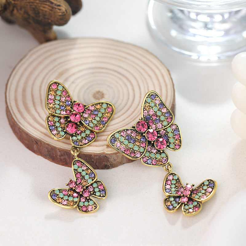 Wholesale colorful rhinestone butterfly tassel alloy earrings ACC-ES-RuLong004