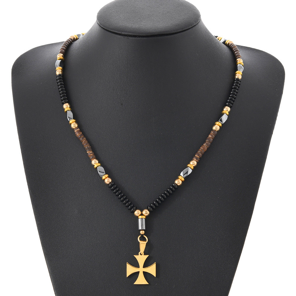 Wholesale Stainless Steel Black Gold Wooden Bead Obsidian Necklace